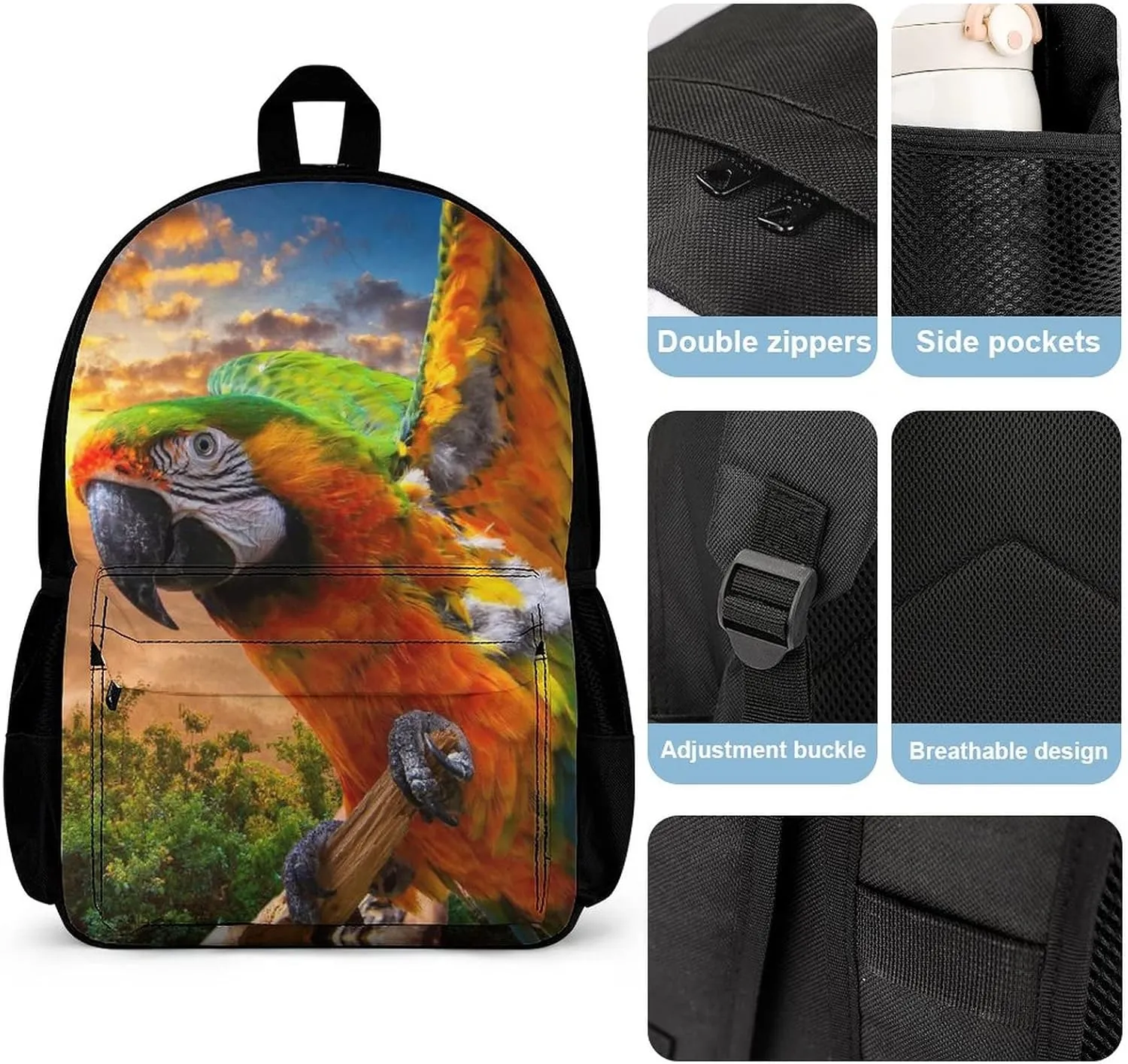 Delerain Colorful Parrot 3 Pcs Backpack Set for Kids Back to School Bookbag with Lunch Box and Pencil Case Durable Lightweight Travel for Teens Students Boys Girls