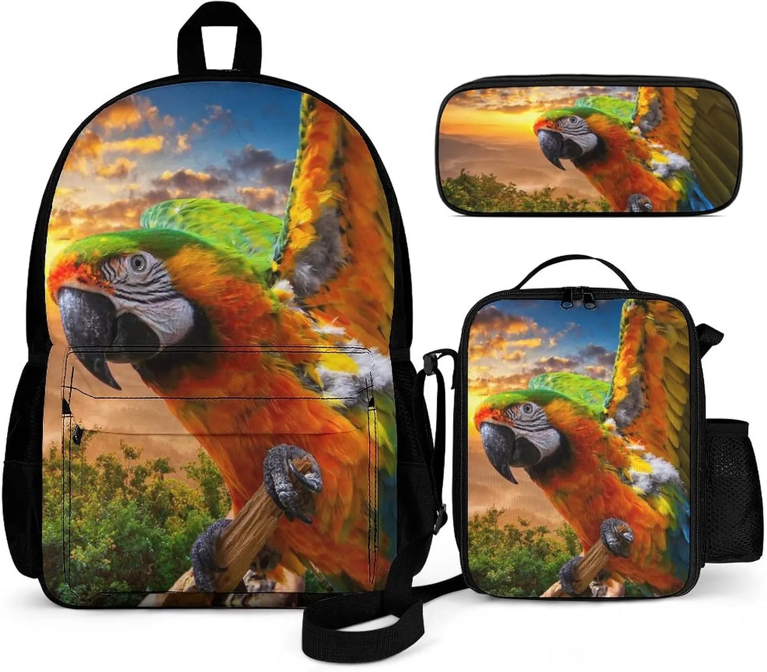 Delerain Colorful Parrot 3 Pcs Backpack Set for Kids Back to School Bookbag with Lunch Box and Pencil Case Durable Lightweight Travel for Teens Students Boys Girls