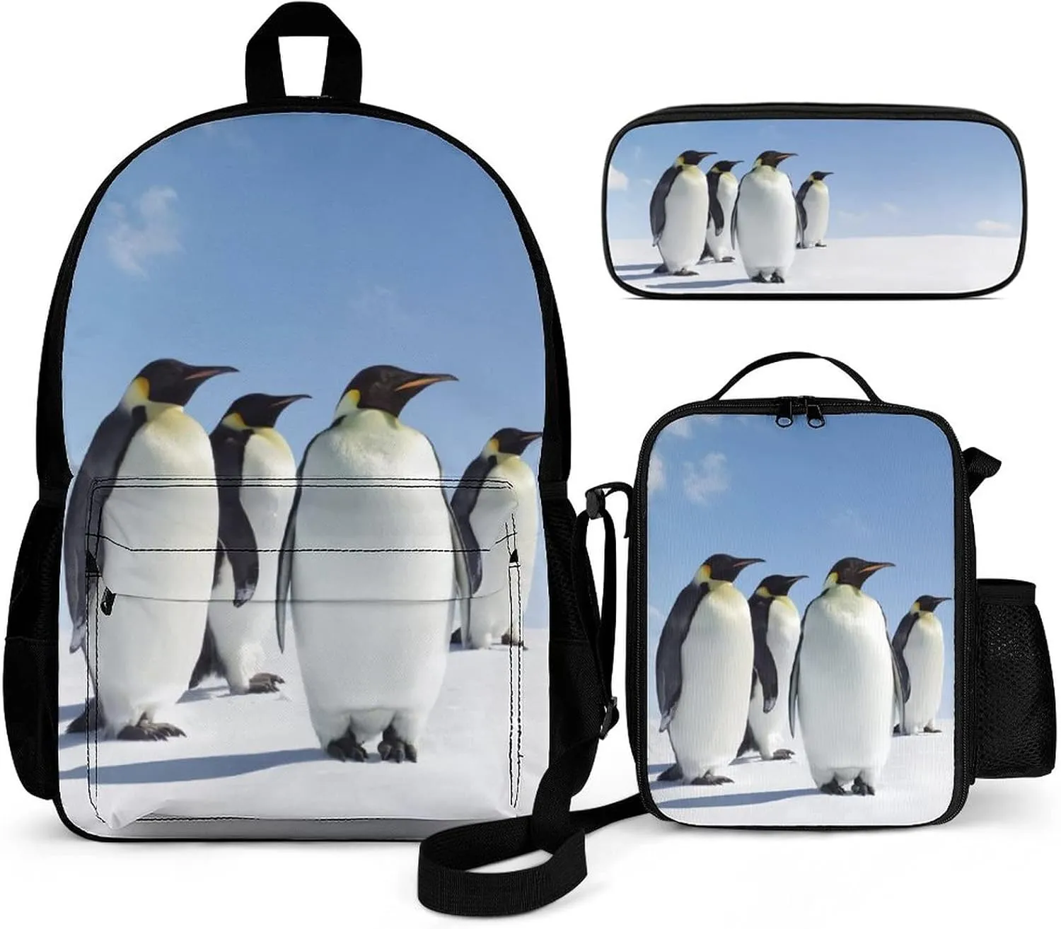 Delerain Emperor Penguins 3 Pcs Backpack Set for Kids Back to School Bookbag with Lunch Box and Pencil Case Durable Lightweight Travel for Teens Students Boys Girls