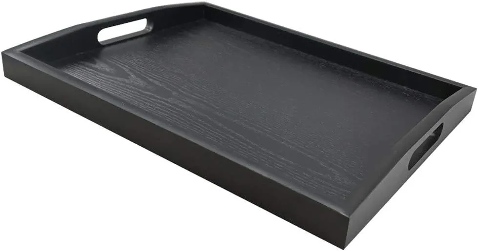 DILLMAN Serving Tray Large Black Wood Rectangle Food Tray Butler Tray Breakfast Tray with Handles (Medium)
