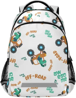Dinosaurs Riding Monster Truck School Backpack Laptop Bag Off-road Car Shoulder Bookbag Casual Travel Camping Daypack Safe Reflective Stripes Large Capacity