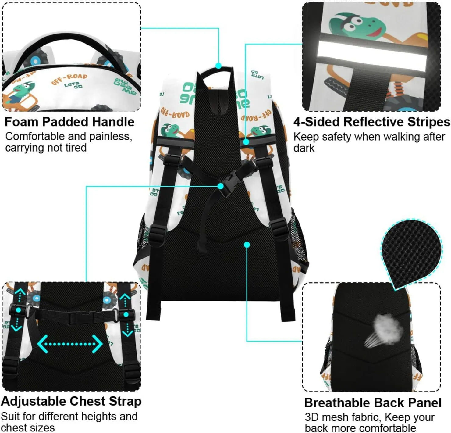 Dinosaurs Riding Monster Truck School Backpack Laptop Bag Off-road Car Shoulder Bookbag Casual Travel Camping Daypack Safe Reflective Stripes Large Capacity