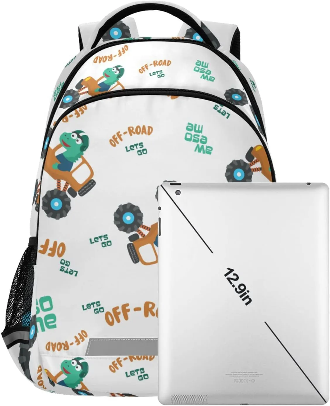 Dinosaurs Riding Monster Truck School Backpack Laptop Bag Off-road Car Shoulder Bookbag Casual Travel Camping Daypack Safe Reflective Stripes Large Capacity