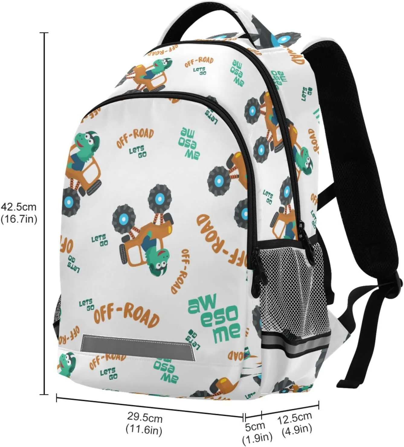 Dinosaurs Riding Monster Truck School Backpack Laptop Bag Off-road Car Shoulder Bookbag Casual Travel Camping Daypack Safe Reflective Stripes Large Capacity