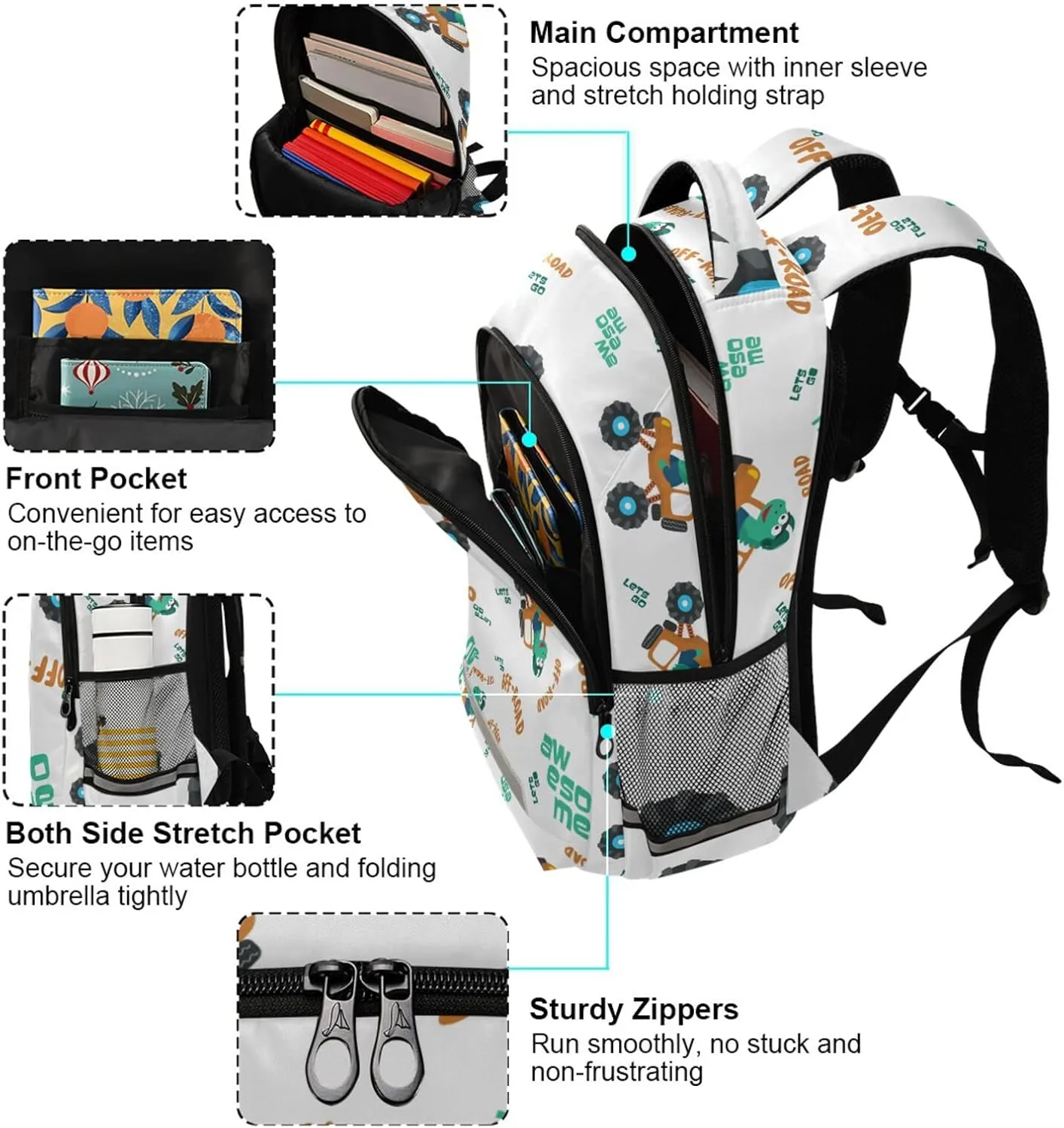Dinosaurs Riding Monster Truck School Backpack Laptop Bag Off-road Car Shoulder Bookbag Casual Travel Camping Daypack Safe Reflective Stripes Large Capacity