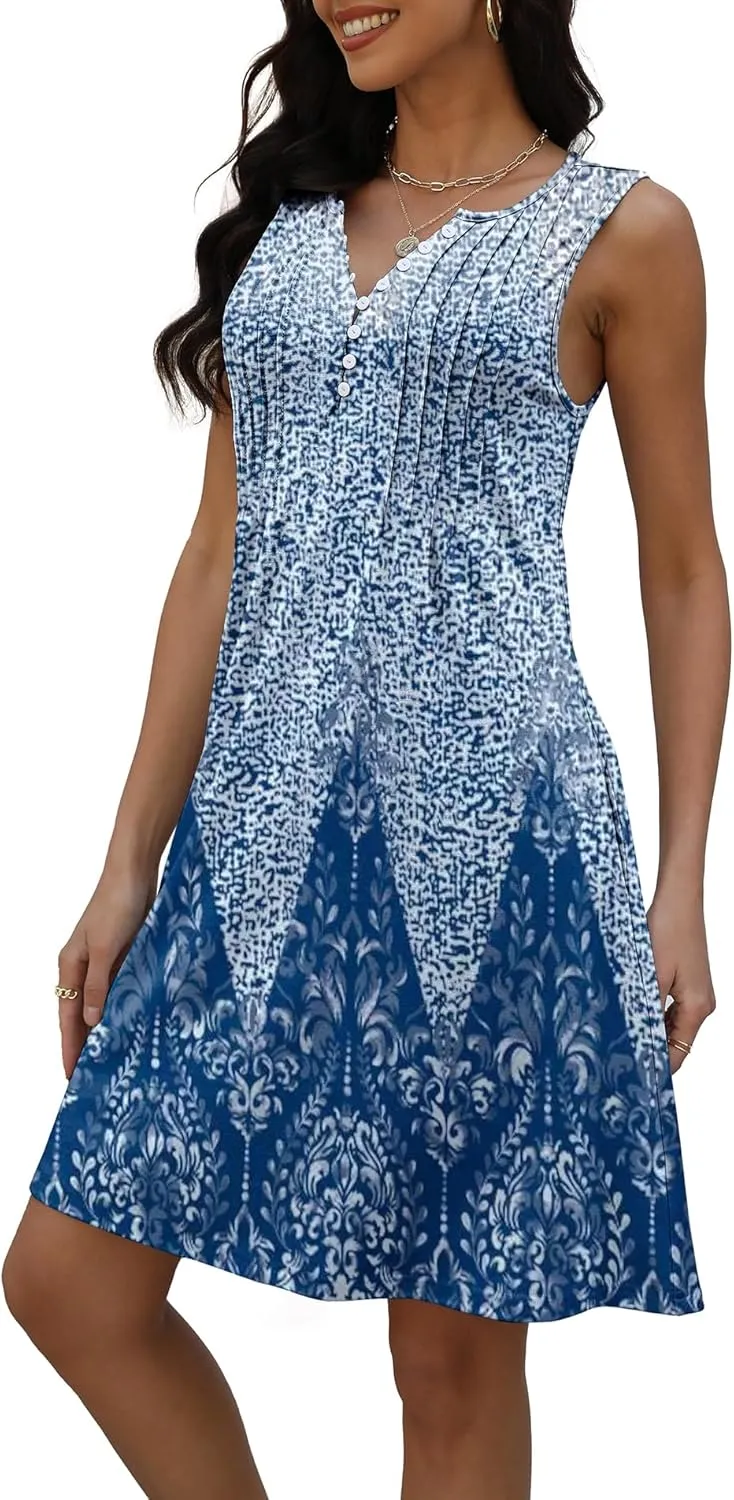 Disamer Beach Dresses for Women 2025 Vacation Swim Cover up V-Neck Summer Dress Button Down Sleeveless Boho Floral Sundress
