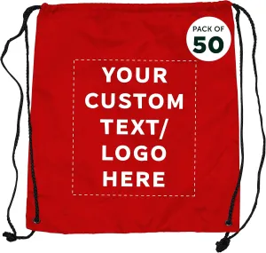 DISCOUNT PROMOS Custom Classic Polyester Drawstring Bags Set of 50, Personalized Bulk Pack - Bring Everywhere You Go, Great for Travelling, Gym and for Everyday Use - Red