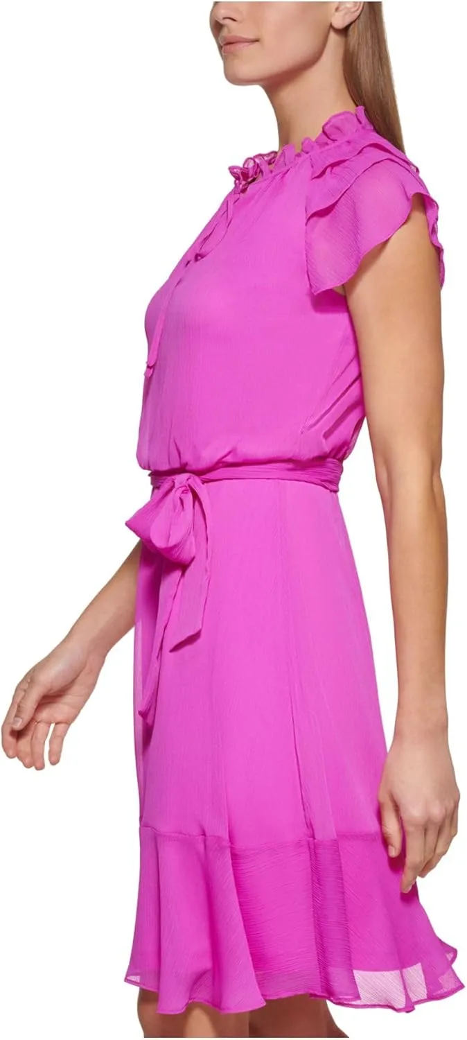 DKNY womens Belted Ruffle Sleeve Tie Neck Dress
