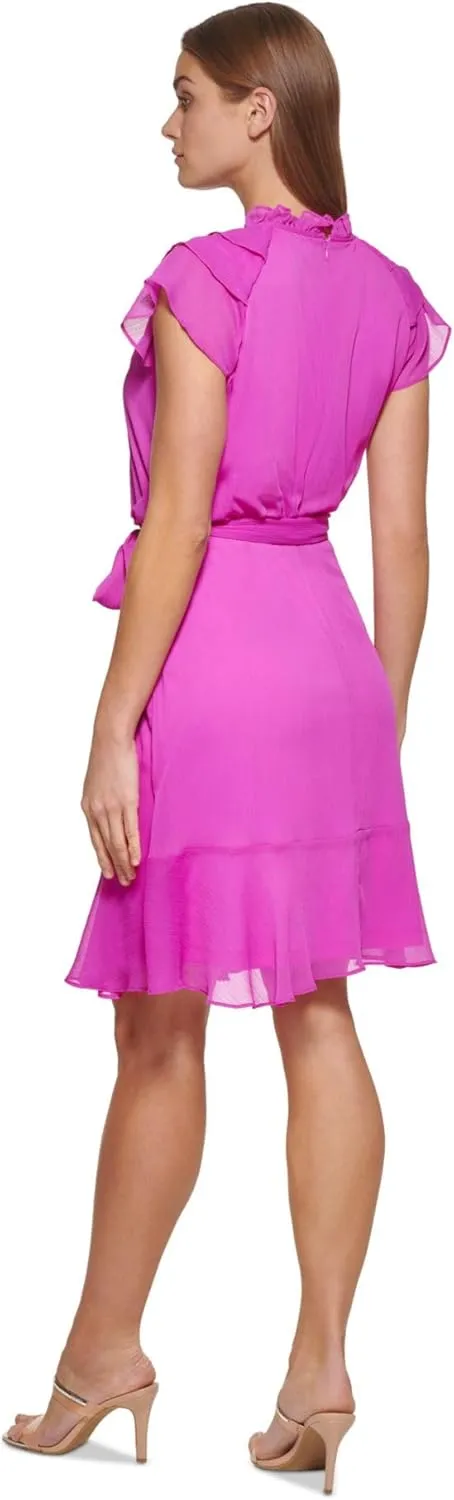 DKNY womens Belted Ruffle Sleeve Tie Neck Dress