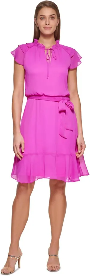 DKNY womens Belted Ruffle Sleeve Tie Neck Dress