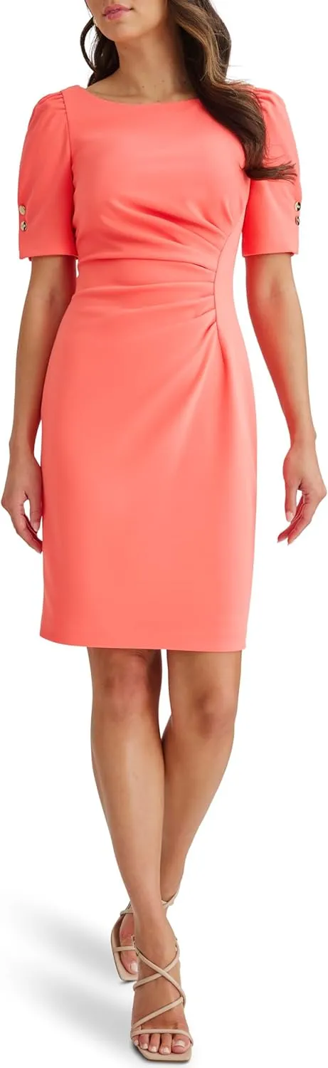 DKNY Women's Button Short Sleeve Ruched Sheath Dress