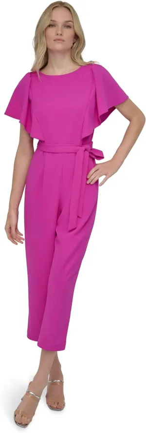 DKNY Womens Flutter Sleeve Scuba Crepe Tie Jumpsuit
