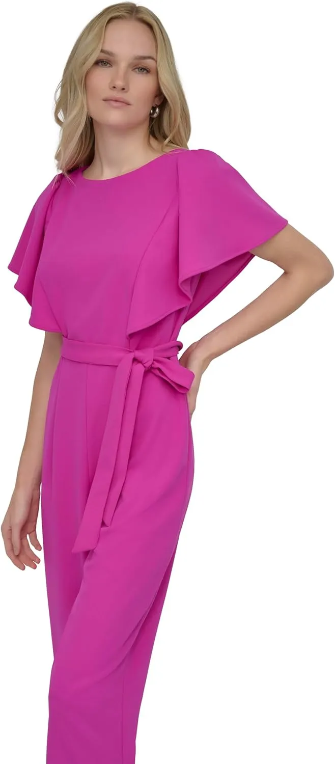 DKNY Womens Flutter Sleeve Scuba Crepe Tie Jumpsuit