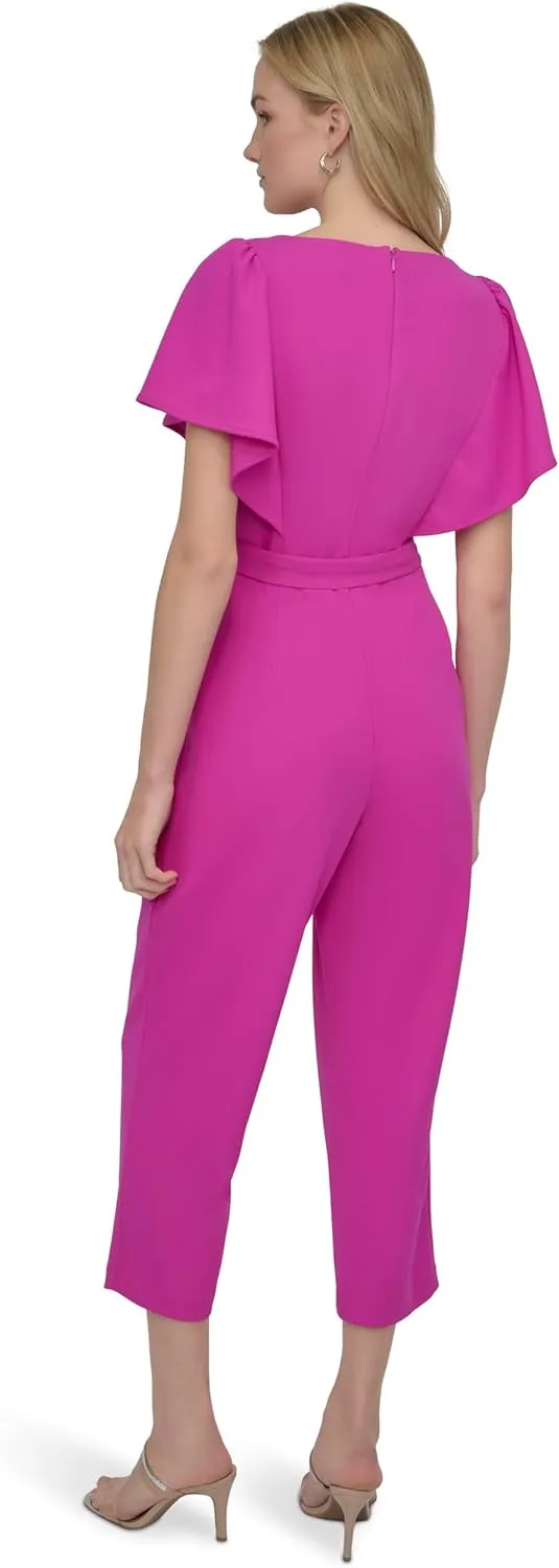 DKNY Womens Flutter Sleeve Scuba Crepe Tie Jumpsuit