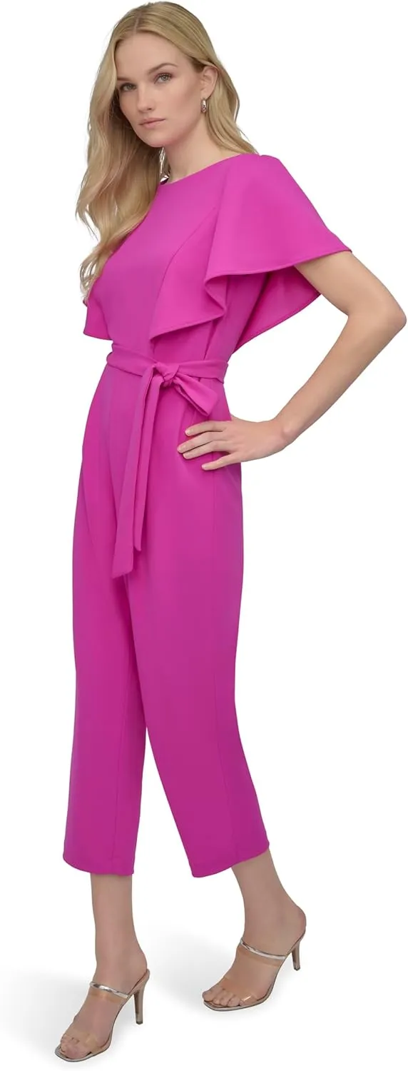 DKNY Womens Flutter Sleeve Scuba Crepe Tie Jumpsuit