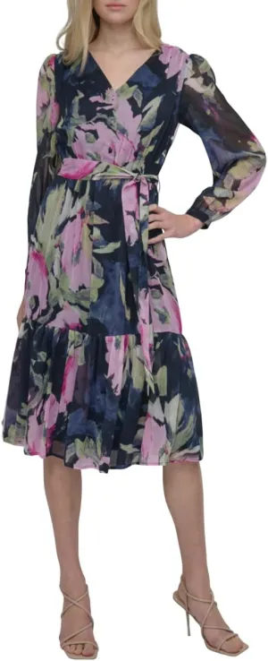 DKNY Women's Long Sleeve V-Neck Tie Waist Midi Dress