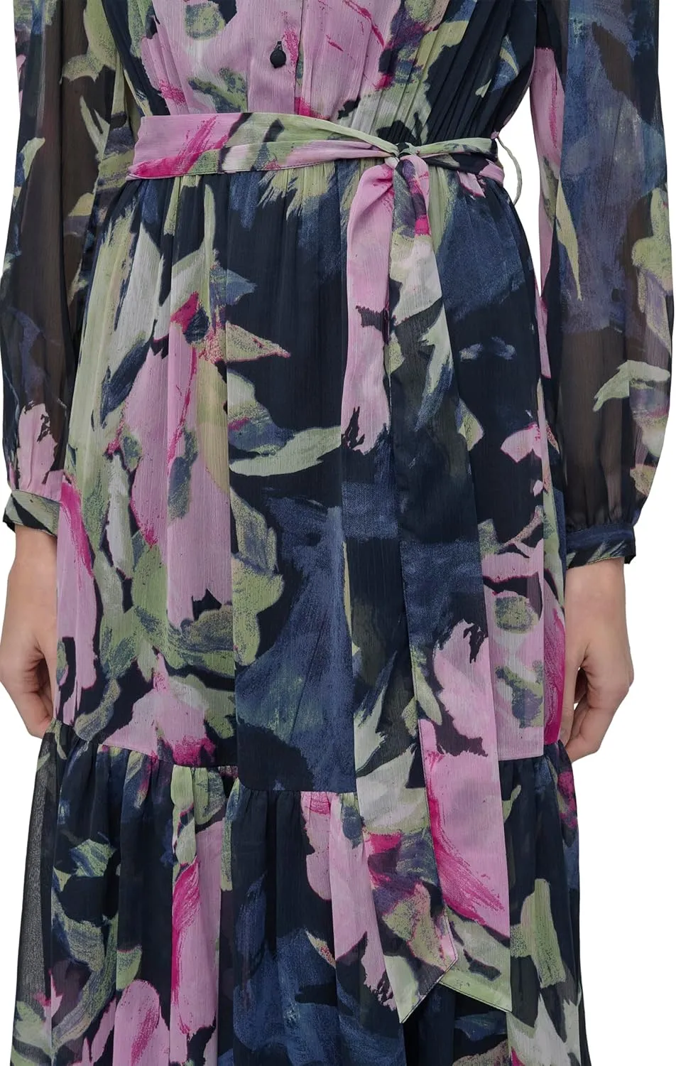DKNY Women's Long Sleeve V-Neck Tie Waist Midi Dress
