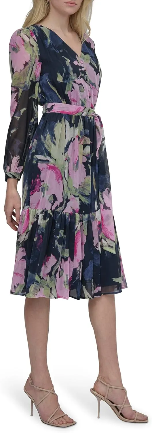 DKNY Women's Long Sleeve V-Neck Tie Waist Midi Dress