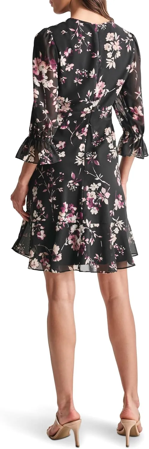 DKNY womens V-neck Balloon Sleeve Dress With Ruffle Hem