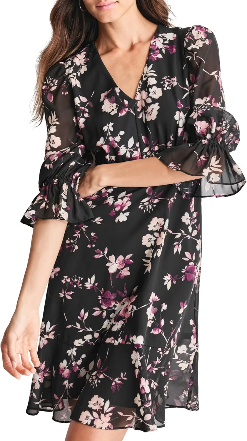 DKNY womens V-neck Balloon Sleeve Dress With Ruffle Hem