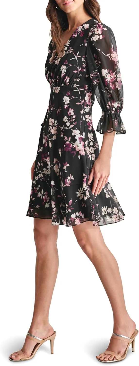 DKNY womens V-neck Balloon Sleeve Dress With Ruffle Hem