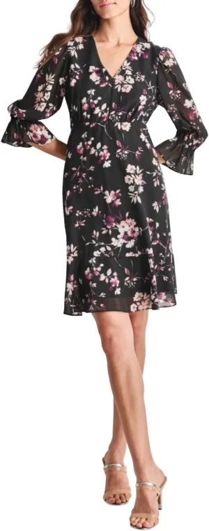 DKNY womens V-neck Balloon Sleeve Dress With Ruffle Hem