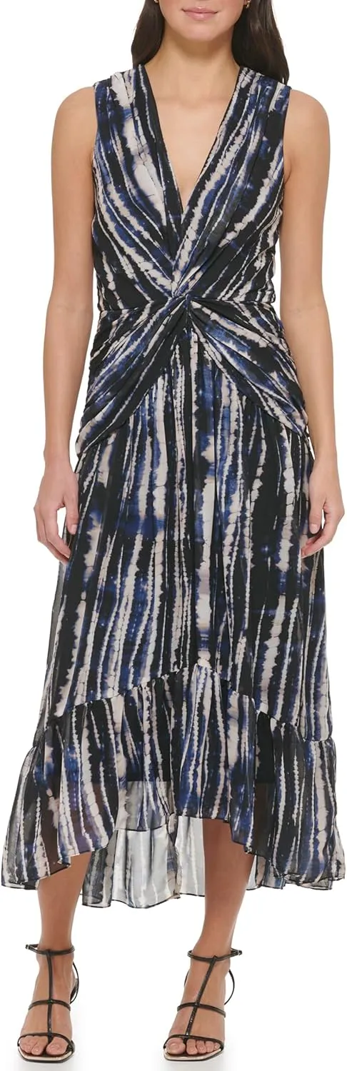 DKNY womens V-neck Twist Front Sleeveless Dress
