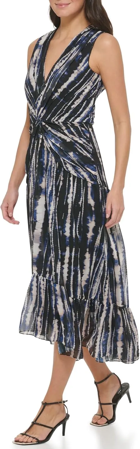 DKNY womens V-neck Twist Front Sleeveless Dress