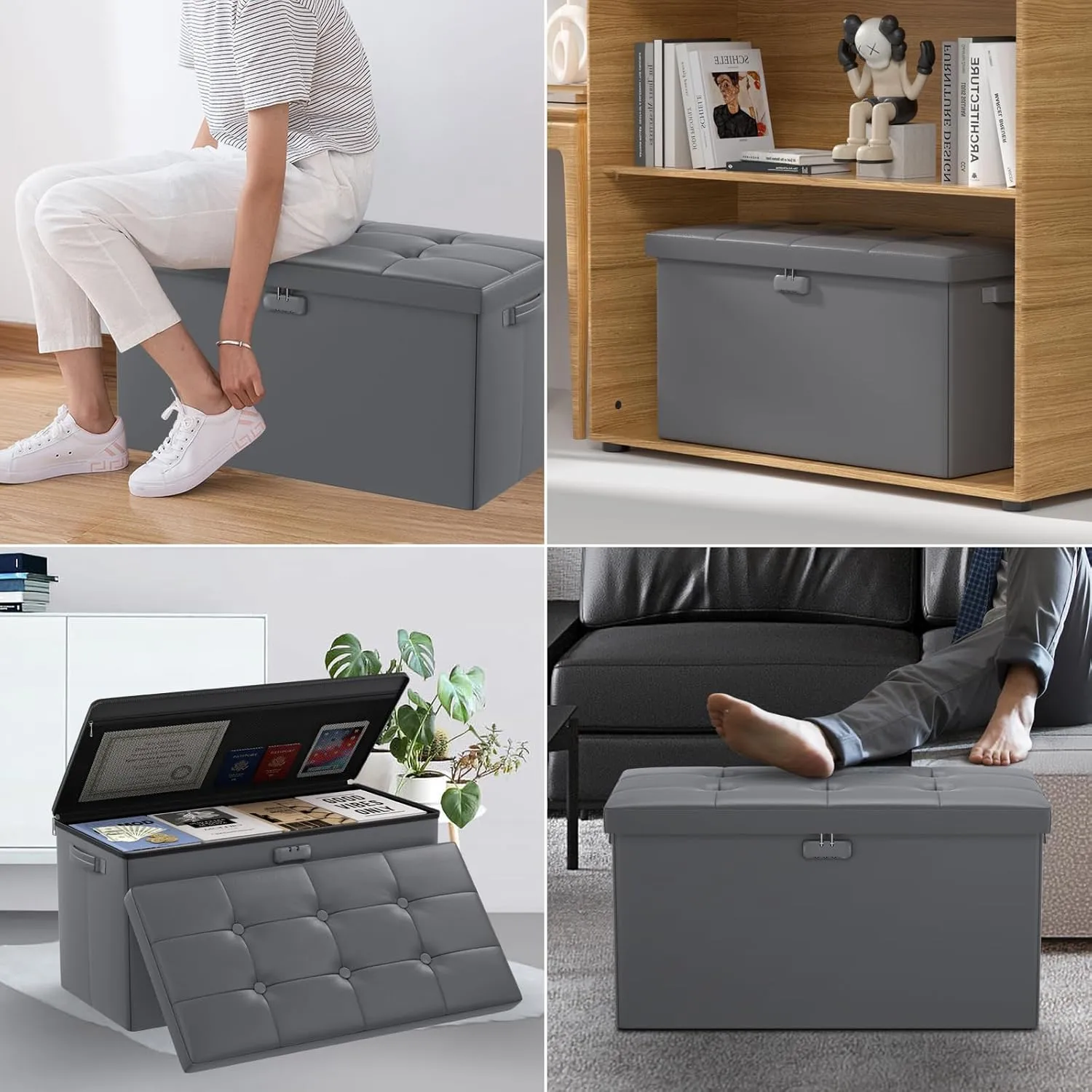 DocSafe Storage Ottoman Bench with Lock,Fireproof 30 Inches Folding Bench Foot Rest Stool Storage Chest Safe for Living Room,Bedroom,Home Office,Waterproof Leather Ottoman with Handles,Gray