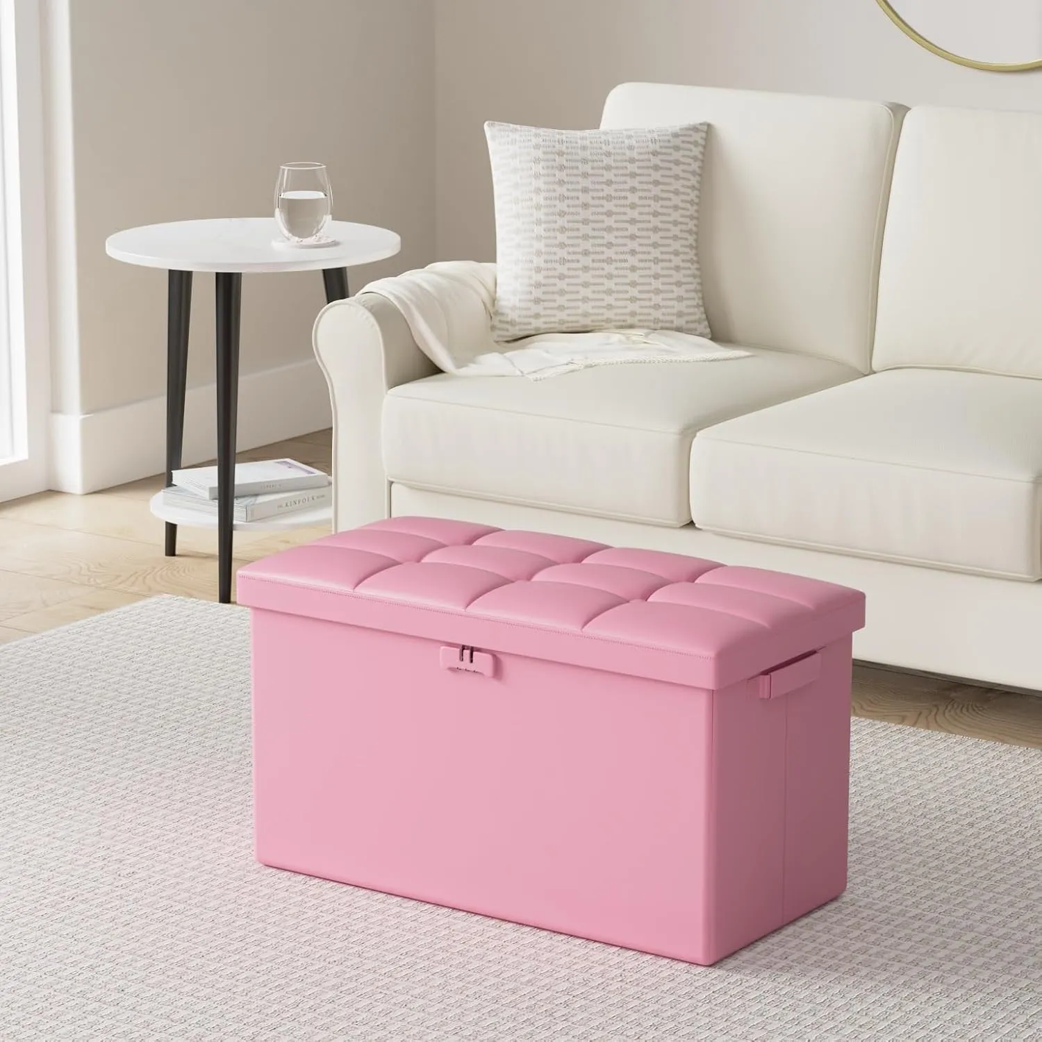 DocSafe Storage Ottoman Bench with Lock,Fireproof 30 Inches Folding Bench Foot Rest Stool Storage Chest Safe for Living Room,Bedroom,Home Office,Waterproof Leather Ottoman with Handles,Pink