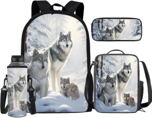 doginthehole Snow Wolf Book Bag for Boys 10-12 Cool Boys Backpack and Lunch Box Set of 4 Large Capacity Boys School Bag Set for Elementary School Primary School Casual Daypack Backpacks School Bag