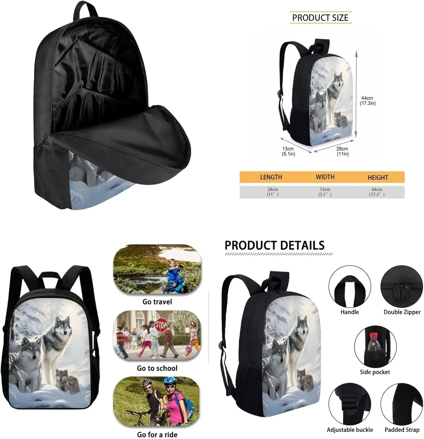 doginthehole Snow Wolf Book Bag for Boys 10-12 Cool Boys Backpack and Lunch Box Set of 4 Large Capacity Boys School Bag Set for Elementary School Primary School Casual Daypack Backpacks School Bag