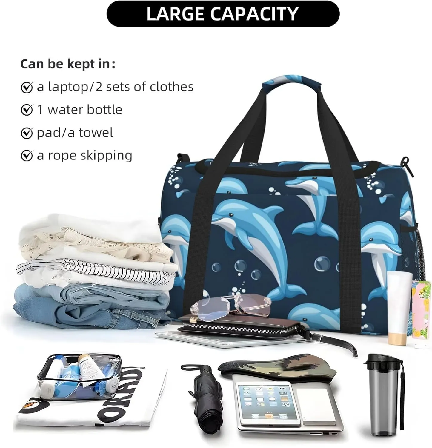 Dolphin Balls Travel Duffel Bag With Zippers And Handles, Big Foldable Duffle Bag For Family Vacations
