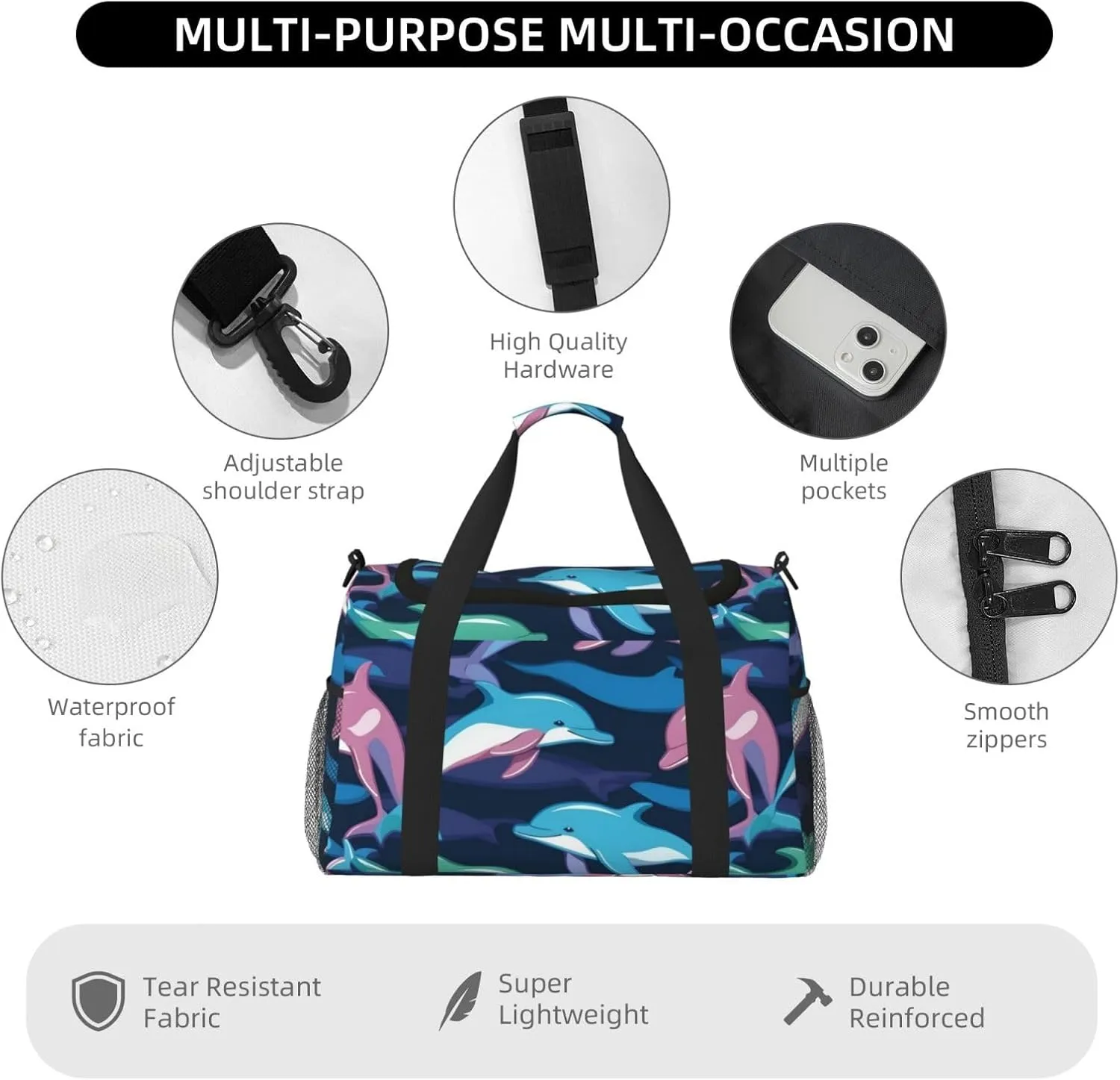 Dolphin Travel Duffel Bag With Zippers And Handles, Big Foldable Duffle Bag For Family Vacations