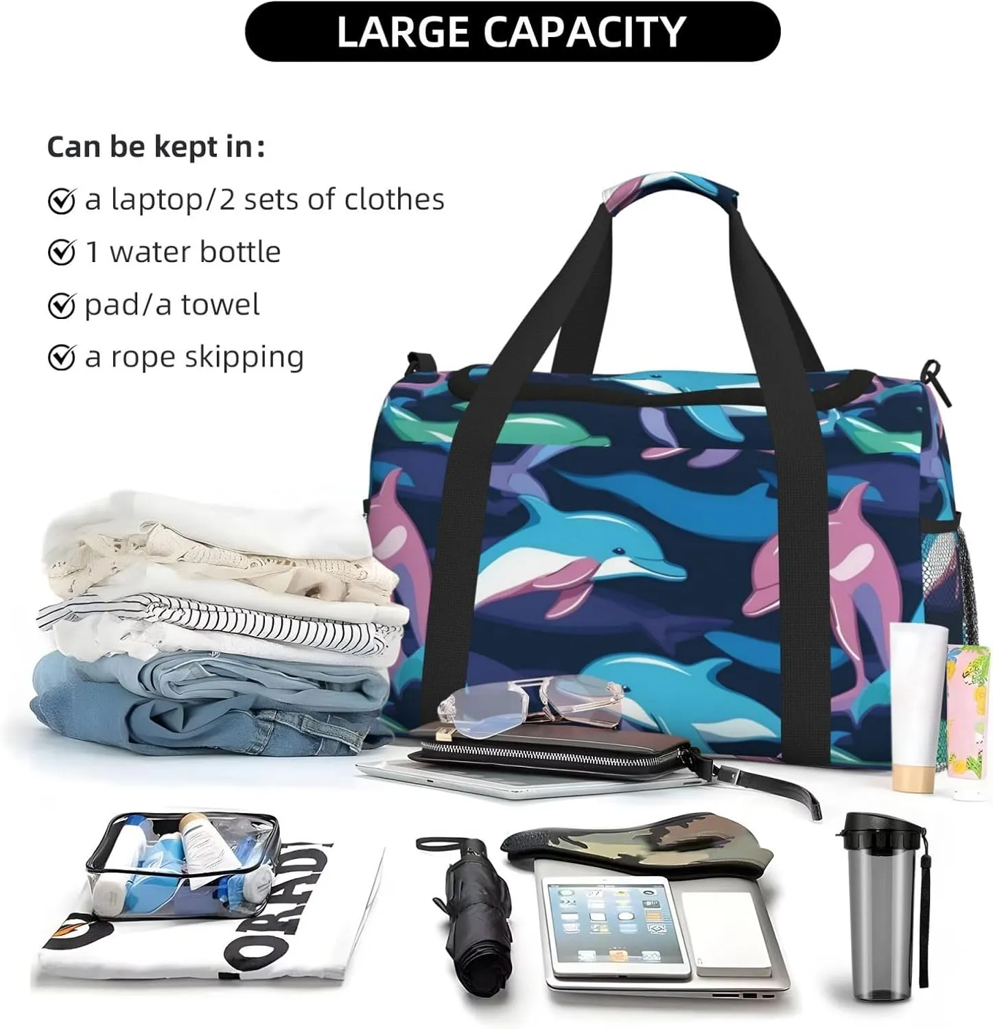 Dolphin Travel Duffel Bag With Zippers And Handles, Big Foldable Duffle Bag For Family Vacations