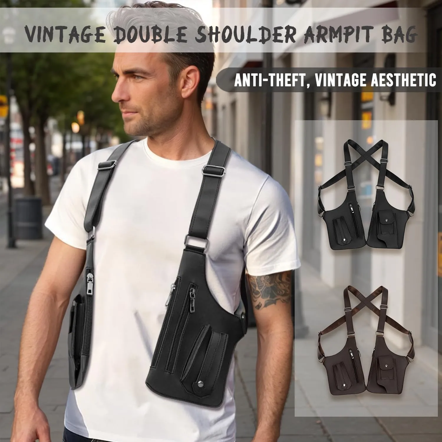 Double Shoulder Armpit Bag, 2025 New Men Anti-Theft Underarm Wallet Pocket Holster Phone Leisure Double Shoulder Pouch
