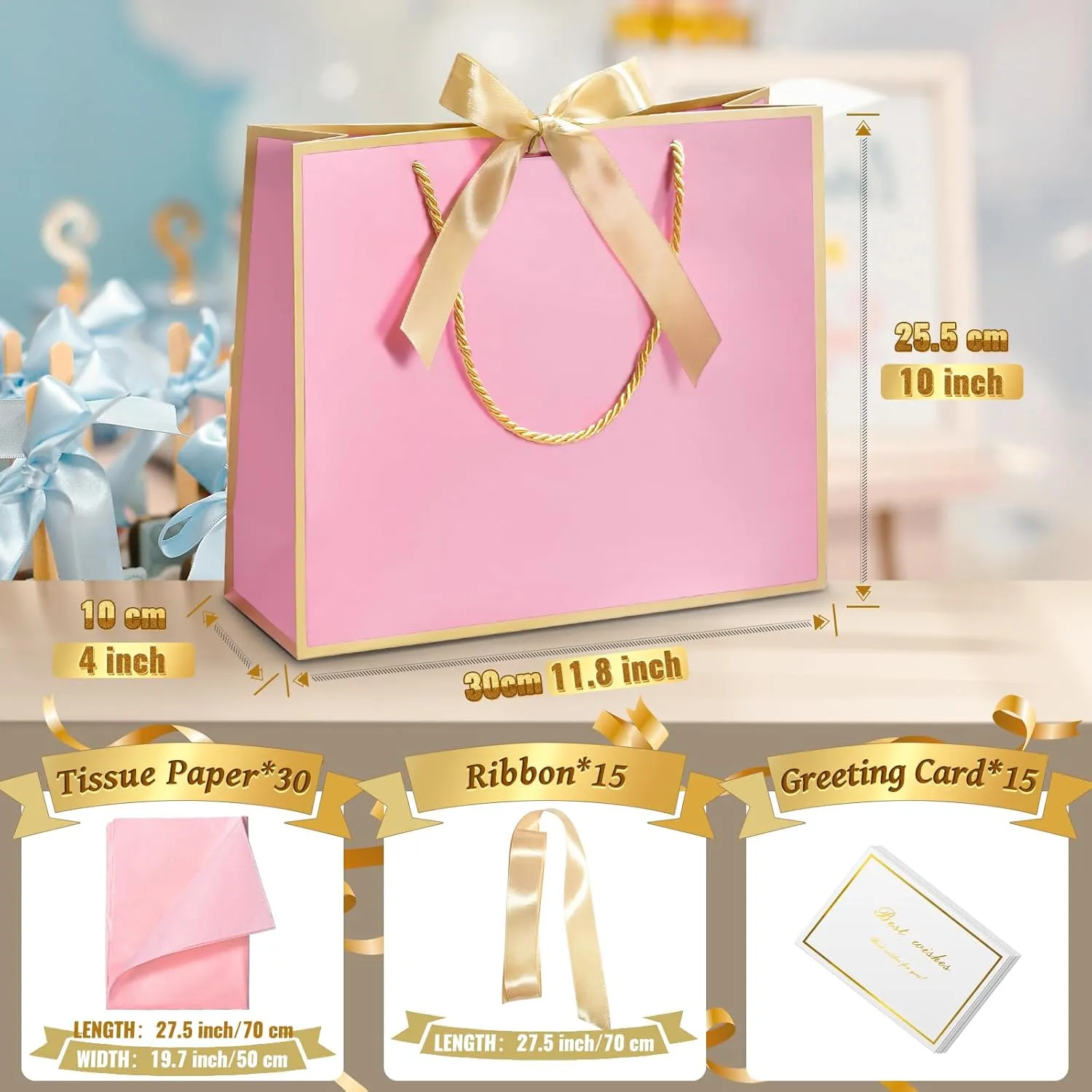 DOYIDE 15 Pcs Thank You Gift Bags with Tissue Paper, 11.8x10x4in Paper Gift Bags with Bow Ribbon, Gift Wrap Bags with Handles for Wedding Birthday Baby Shower Bridesmaid Party