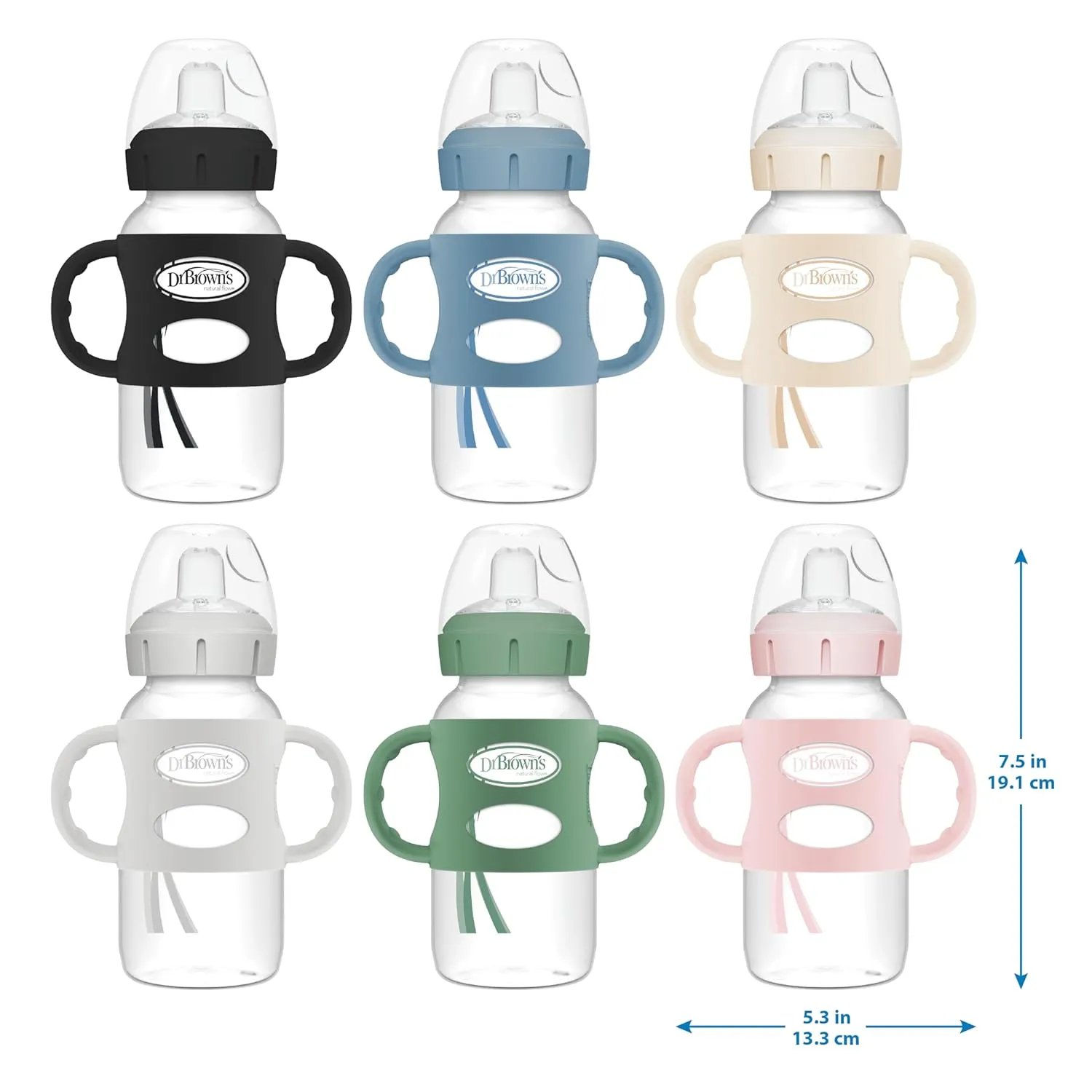 Dr. Brown's Milestones Wide-Neck Sippy Spout Bottle with 100% Silicone Handles, Easy-Grip Handles with Soft Sippy Spout, 9oz/270mL, Light-Blue & Gray, 2-Pack, 6m 