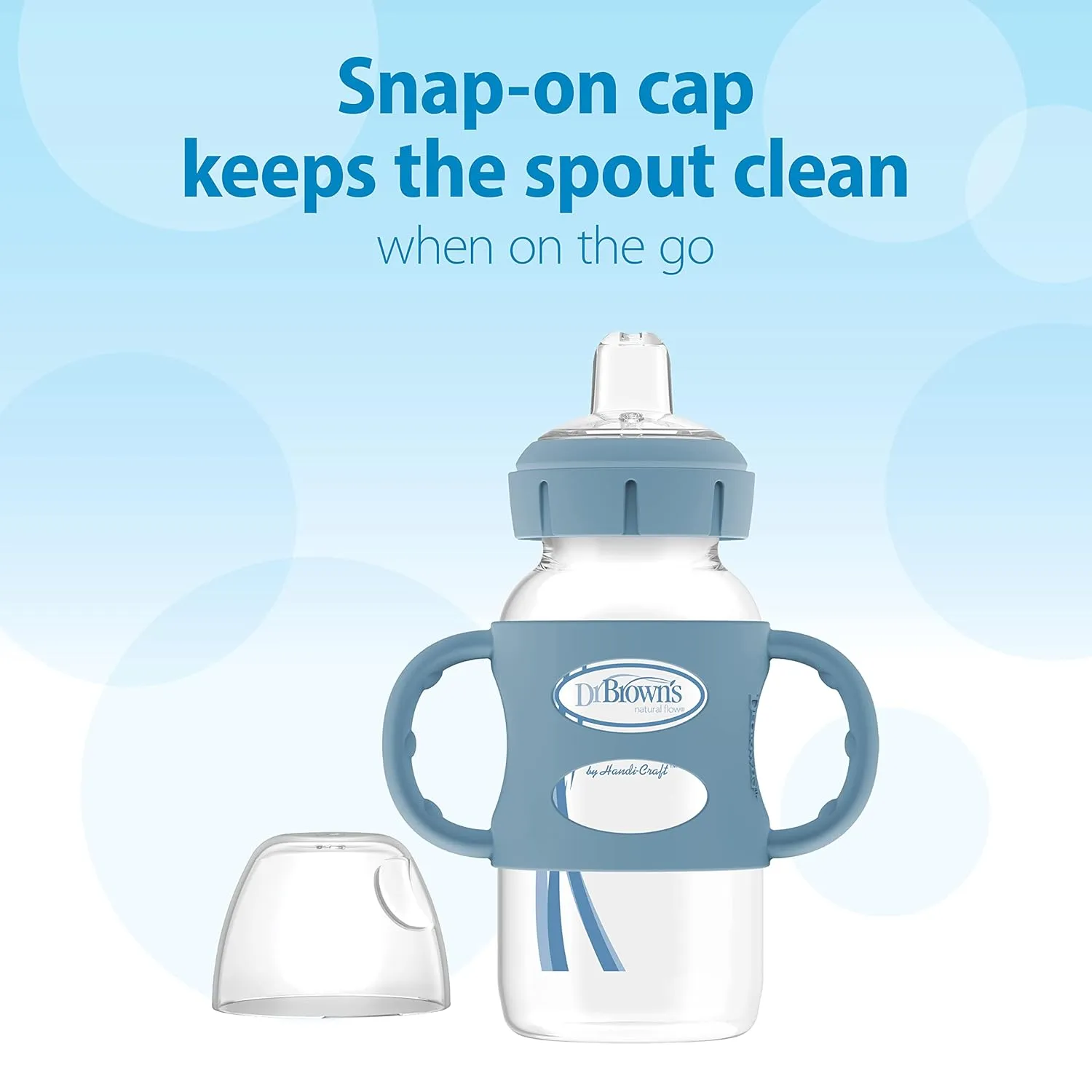 Dr. Brown's Milestones Wide-Neck Sippy Spout Bottle with 100% Silicone Handles, Easy-Grip Handles with Soft Sippy Spout, 9oz/270mL, Light-Blue & Gray, 2-Pack, 6m 