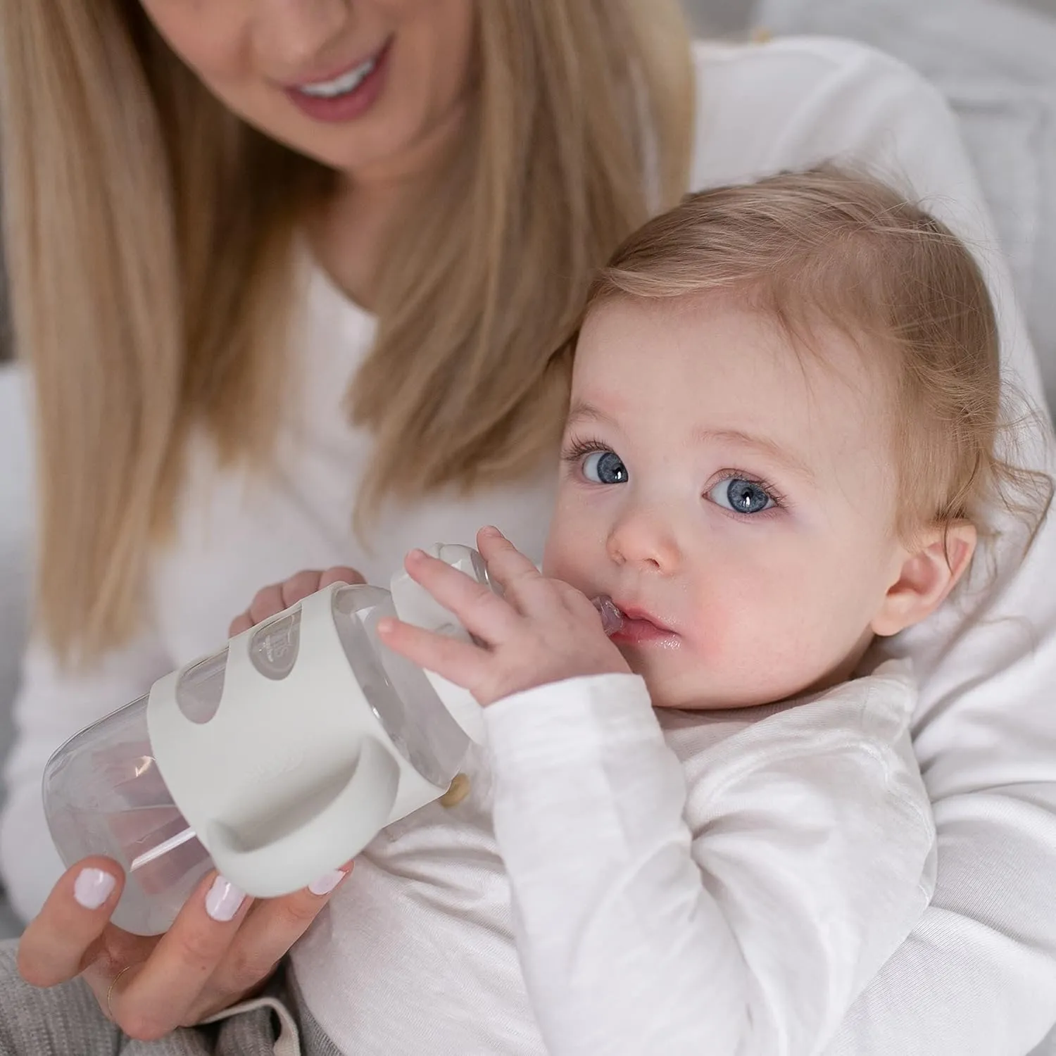 Dr. Brown's Milestones Wide-Neck Sippy Spout Bottle with 100% Silicone Handles, Easy-Grip Handles with Soft Sippy Spout, 9oz/270mL, Light-Blue & Gray, 2-Pack, 6m 
