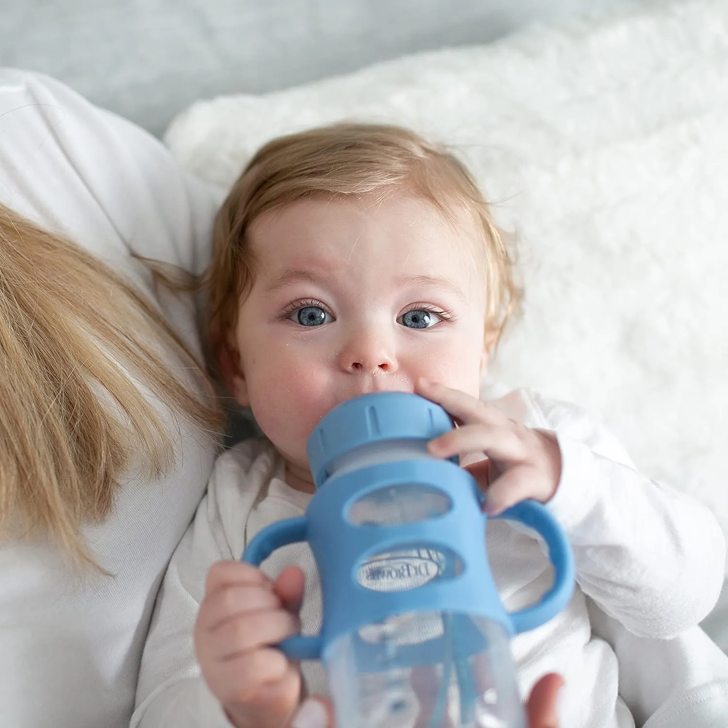 Dr. Brown's Milestones Wide-Neck Sippy Spout Bottle with 100% Silicone Handles, Easy-Grip Handles with Soft Sippy Spout, 9oz/270mL, Light-Blue & Gray, 2-Pack, 6m 