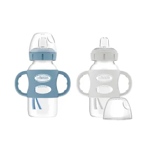 Dr. Brown's Milestones Wide-Neck Sippy Spout Bottle with 100% Silicone Handles, Easy-Grip Handles with Soft Sippy Spout, 9oz/270mL, Light-Blue & Gray, 2-Pack, 6m 