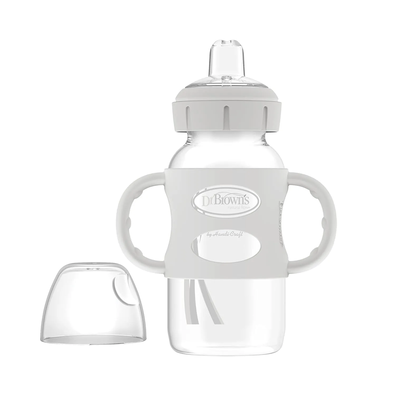 Dr. Brown's Milestones Wide-Neck Sippy Spout Bottle with 100% Silicone Handles, Easy-Grip Handles with Soft Sippy Spout, 9oz/270mL, Light-Blue & Gray, 2-Pack, 6m 