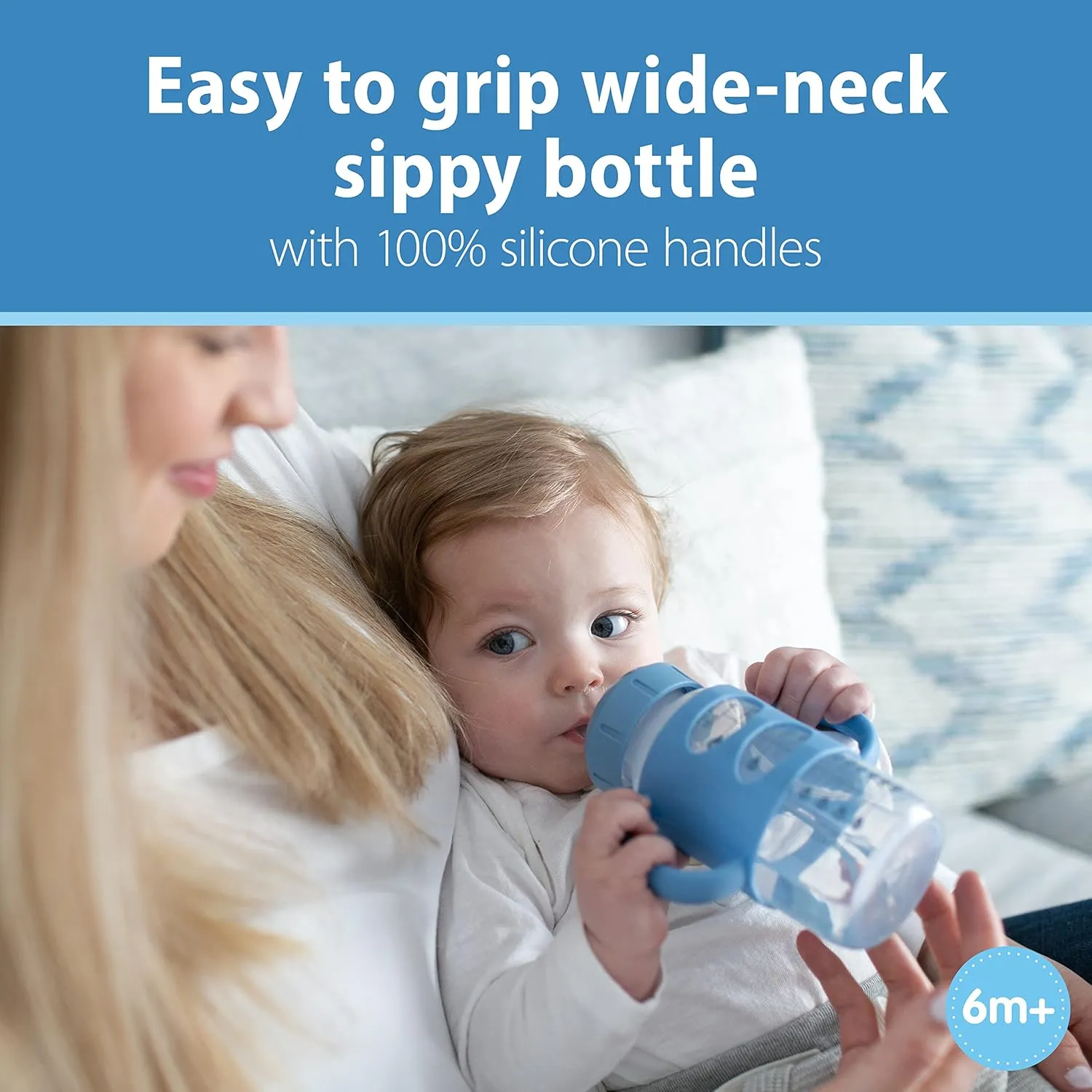 Dr. Brown's Milestones Wide-Neck Sippy Spout Bottle with 100% Silicone Handles, Easy-Grip Handles with Soft Sippy Spout, 9oz/270mL, Light-Blue & Gray, 2-Pack, 6m 