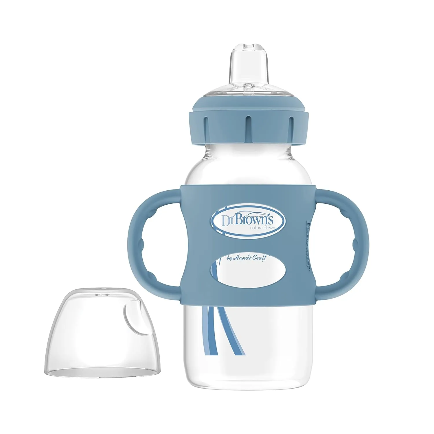 Dr. Brown's Milestones Wide-Neck Sippy Spout Bottle with 100% Silicone Handles, Easy-Grip Handles with Soft Sippy Spout, 9oz/270mL, Light-Blue & Gray, 2-Pack, 6m 