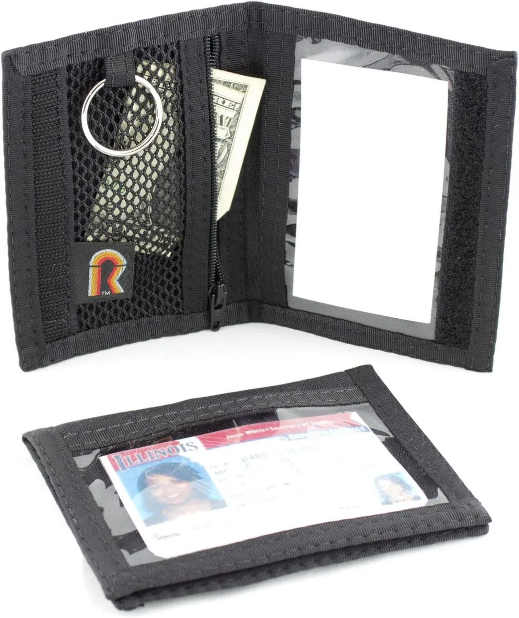 Dual Sided ID Holder. Minimalist Front Pocket. Purse Wallet. Slim. Hook n Loop. USA Made (Black)
