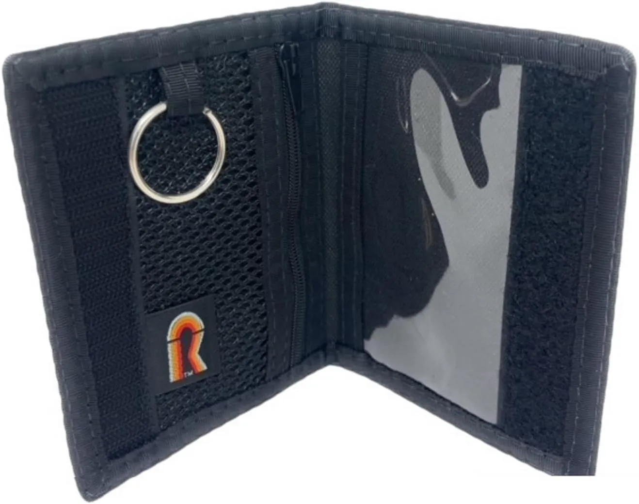Dual Sided ID Holder. Minimalist Front Pocket. Purse Wallet. Slim. Hook n Loop. USA Made (Black)