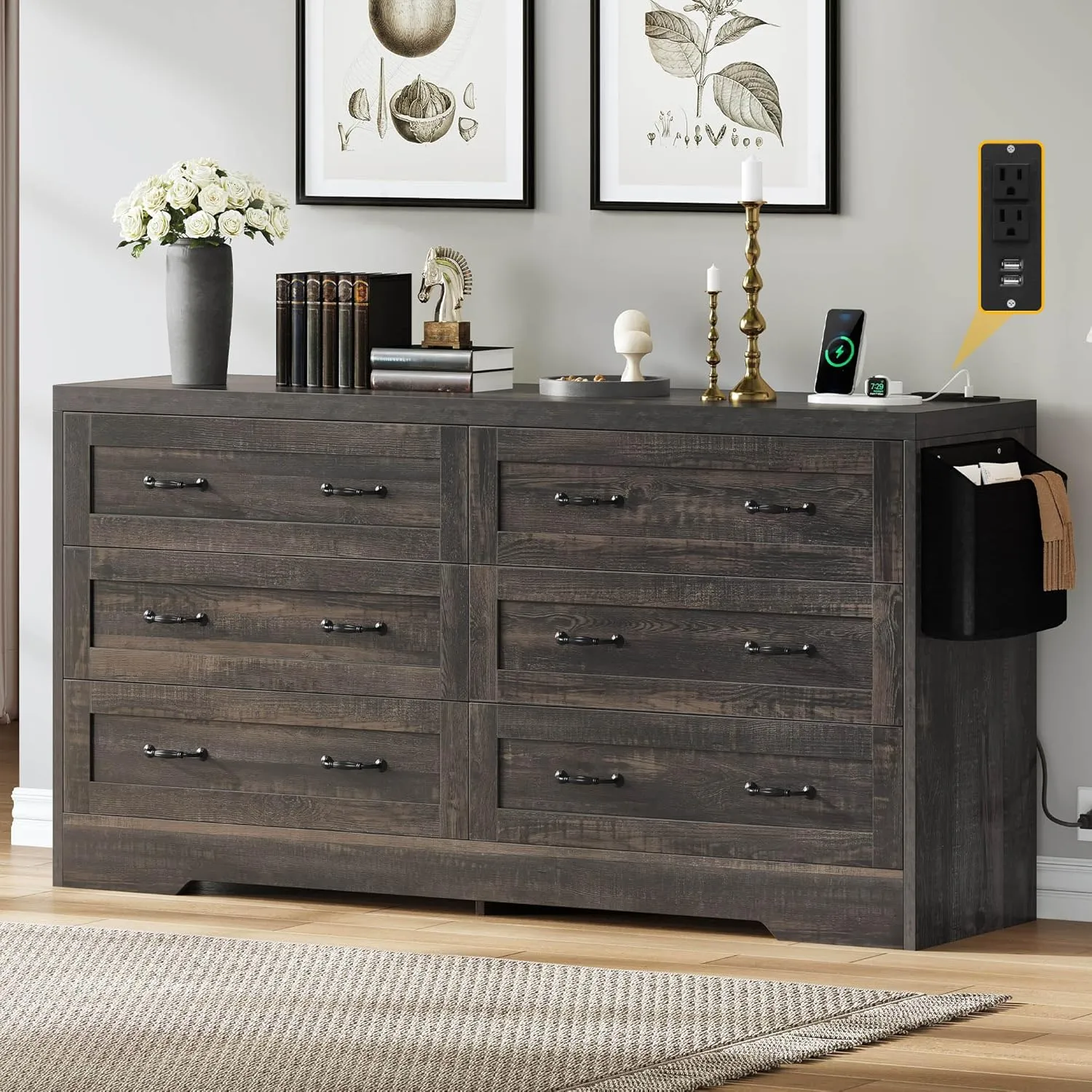 DWVO Farmhouse 6 Drawer Dresser for Bedroom, 60 Inch Large Modern Dresser TV Stand with Drawers & Bar Handles, Storage Dressers with Power Outlets, Rustic Wood Chest of Drawers, Rustic Oak