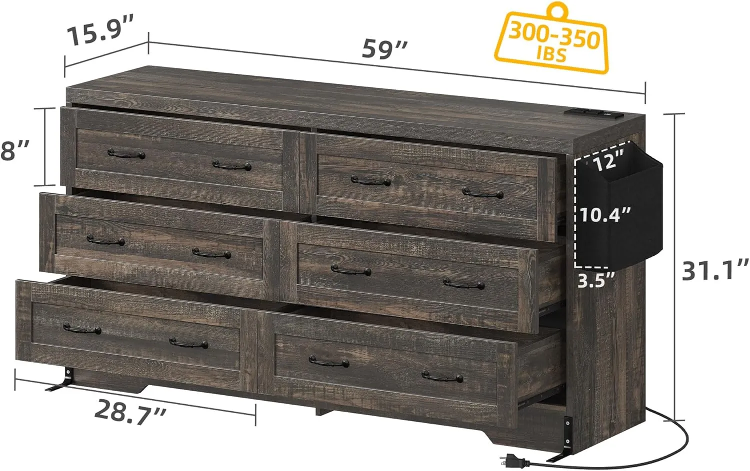 DWVO Farmhouse 6 Drawer Dresser for Bedroom, 60 Inch Large Modern Dresser TV Stand with Drawers & Bar Handles, Storage Dressers with Power Outlets, Rustic Wood Chest of Drawers, Rustic Oak
