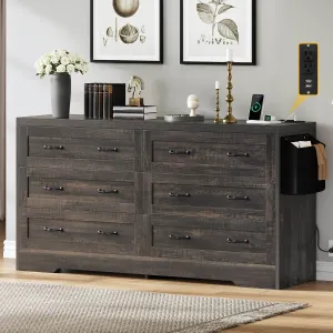 DWVO Farmhouse 6 Drawer Dresser for Bedroom, 60 Inch Large Modern Dresser TV Stand with Drawers & Bar Handles, Storage Dressers with Power Outlets, Rustic Wood Chest of Drawers, Rustic Oak